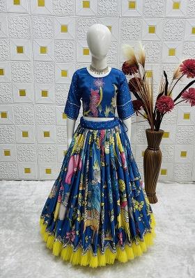 Teal Blue Embroidery Silk Lehenga Choli For Girl