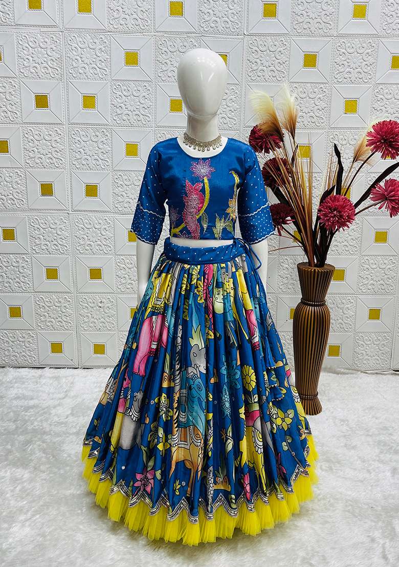 Teal Blue Embroidery Silk Lehenga Choli For Girl - Indya
