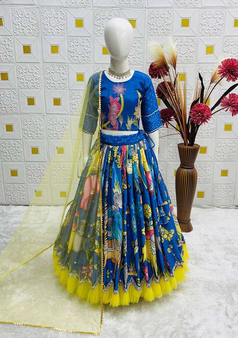 Teal Blue Embroidery Silk Lehenga Choli For Girl - Indya