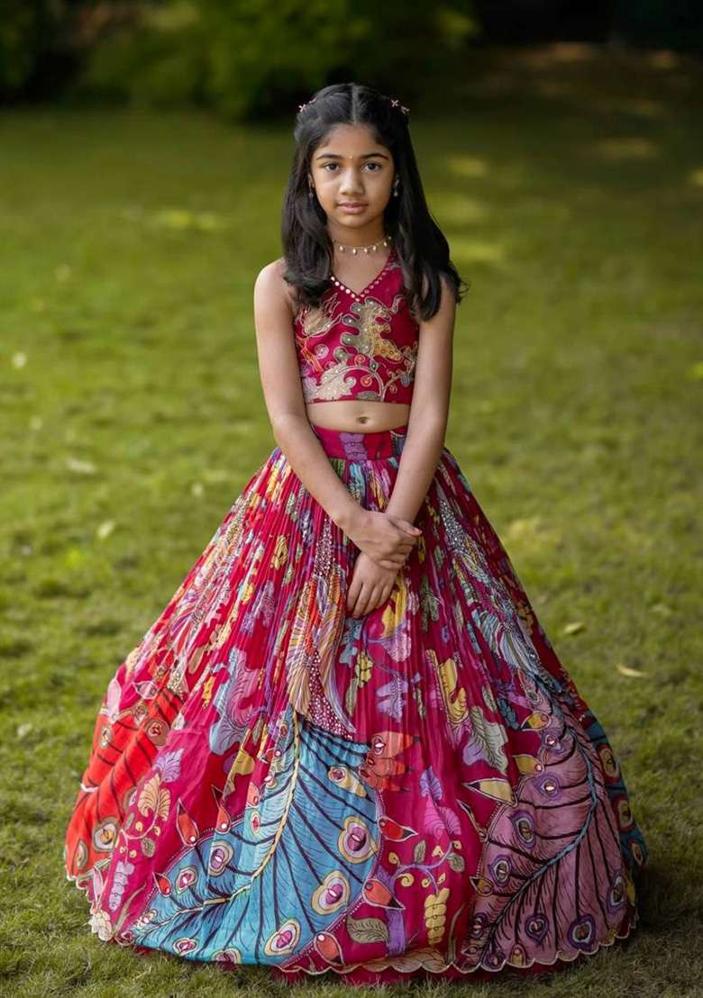 Rani Pink Embroidery Silk Lehenga Choli For Girl - Indya