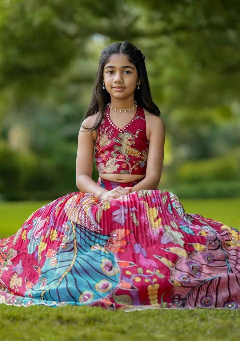 Rani Pink Embroidery Silk Lehenga Choli For Girl - Indya