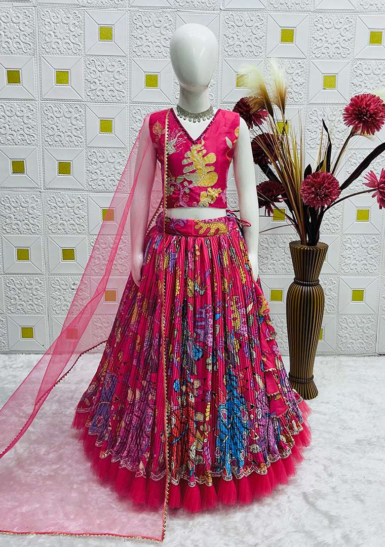 Rani Pink Embroidery Silk Lehenga Choli For Girl - Indya