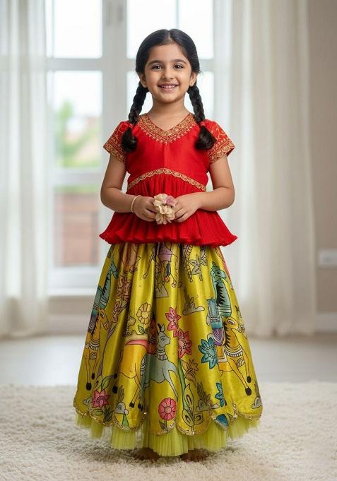 Red Embroidery Silk Lehenga Choli For Girl