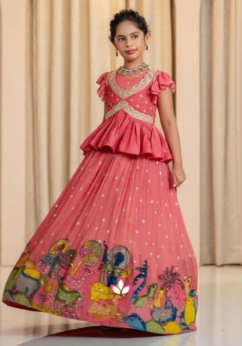 Peach Embroidery Silk Lehenga Choli For Girl