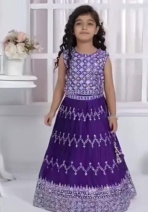 Purple Embroidery Silk Lehenga Choli For Girl