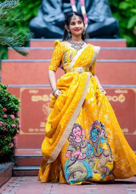 Yellow Embroidery Silk Lehenga Choli For Girl