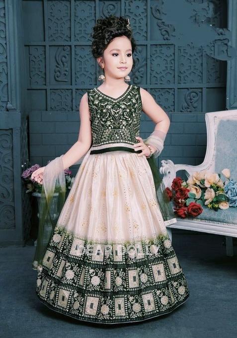 Green Embroidery Silk Lehenga Choli For Girl