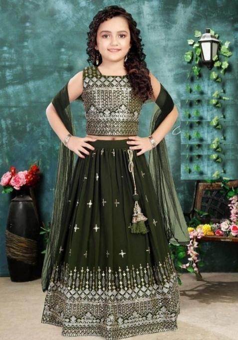 Dark Green Embroidery Georgette Lehenga Choli For Girl