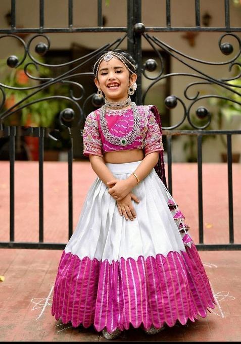 Rani Pink Embroidery Silk Lehenga Choli For Girl