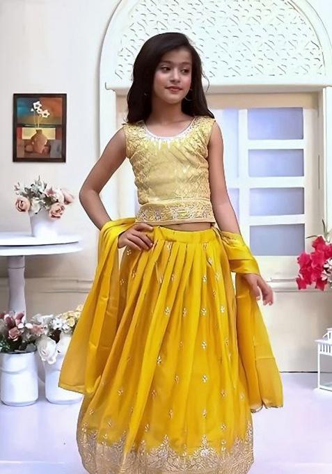 Yellow Embroidery Silk Lehenga Choli For Girl