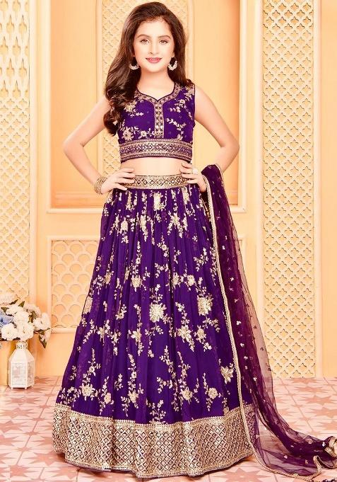 Purple Embroidery Georgette Lehenga Choli For Girl