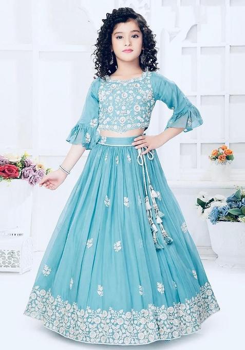 Sky Blue Embroidery Georgette Lehenga Choli For Girl