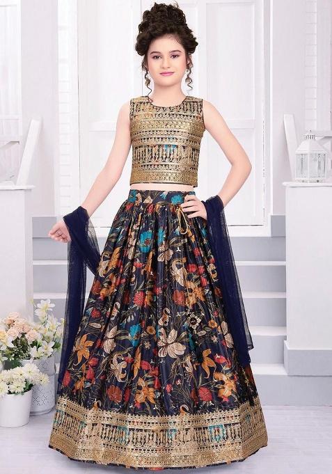 Navy Blue Embroidery Silk Lehenga Choli For Girl