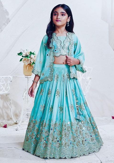 Aqua Blue Embroidery Silk Lehenga Choli For Girl