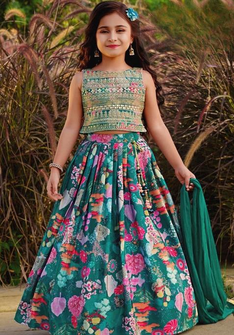 Green Embroidery Georgette Lehenga Choli For Girl
