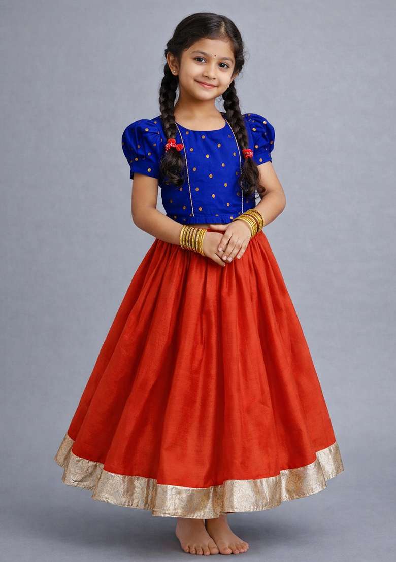 Blue Embellished Polyester Lehenga Set For Girls - Indya