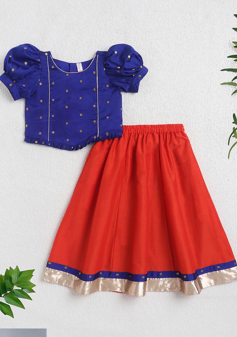 Blue Embellished Polyester Lehenga Set For Girls - Indya