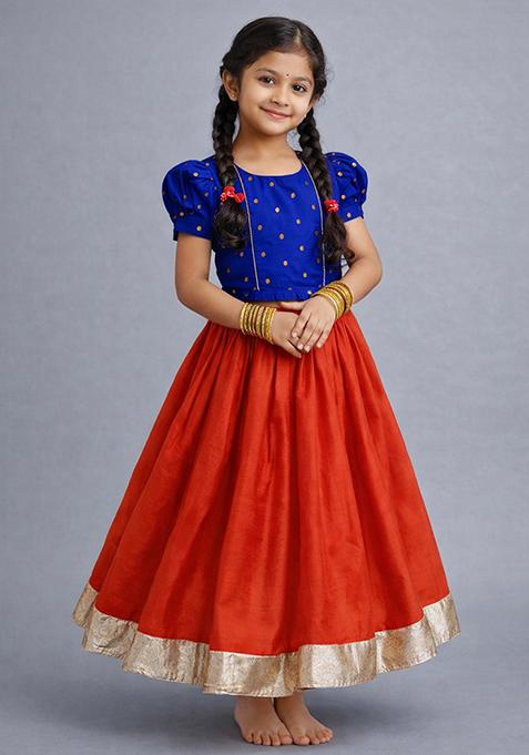 Blue Embellished Polyester Lehenga Set For Girls