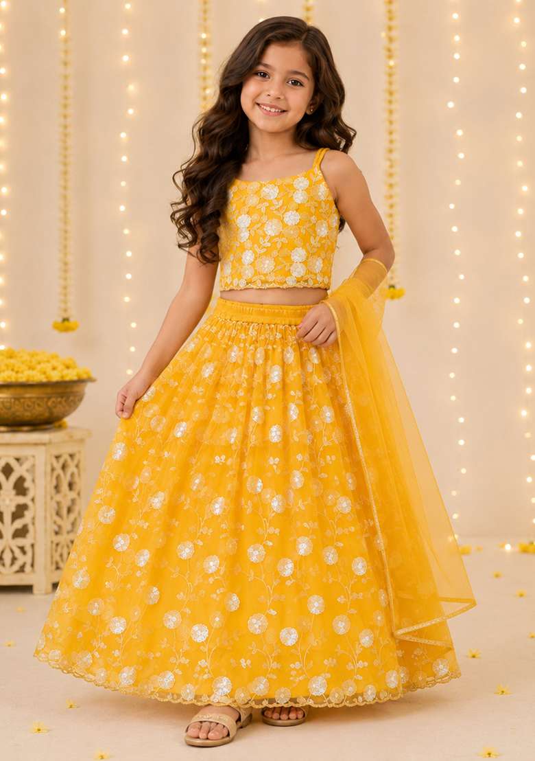 Yellow Embellished Polyester Lehenga Set For Girls - Indya