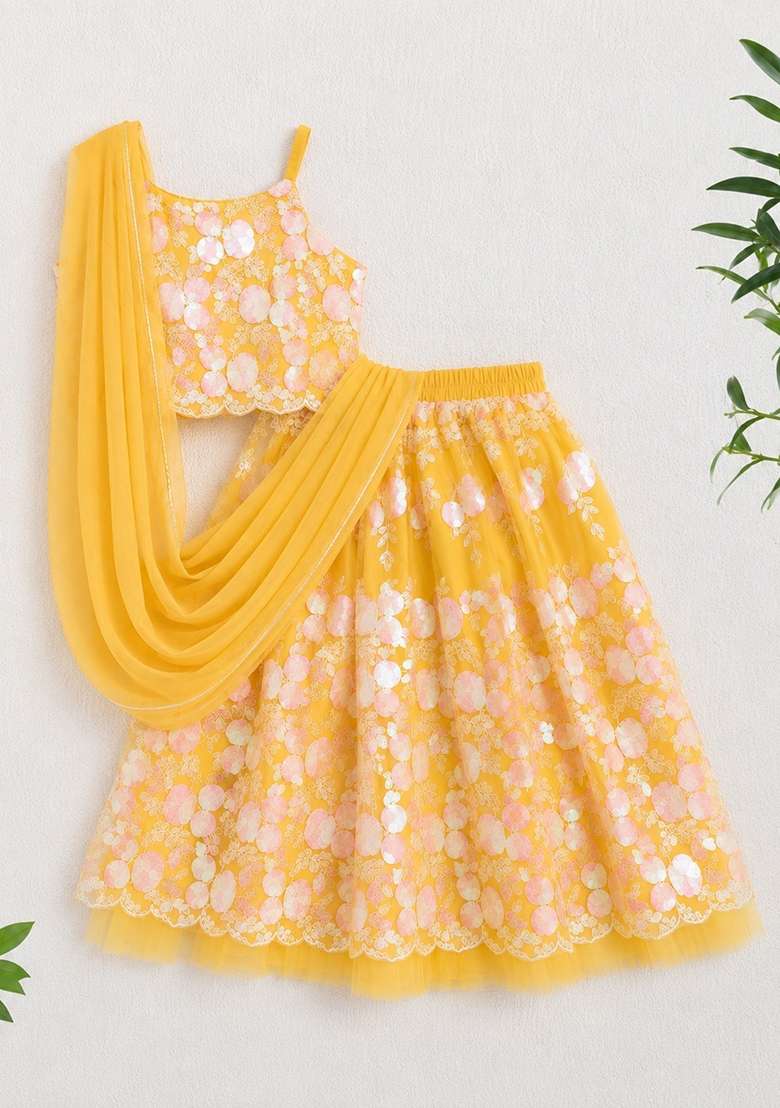 Yellow Embellished Polyester Lehenga Set For Girls - Indya