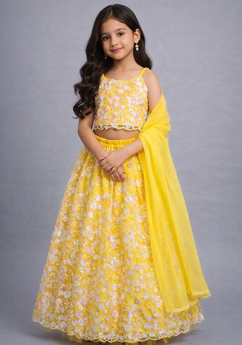 Yellow Embellished Polyester Lehenga Set For Girls