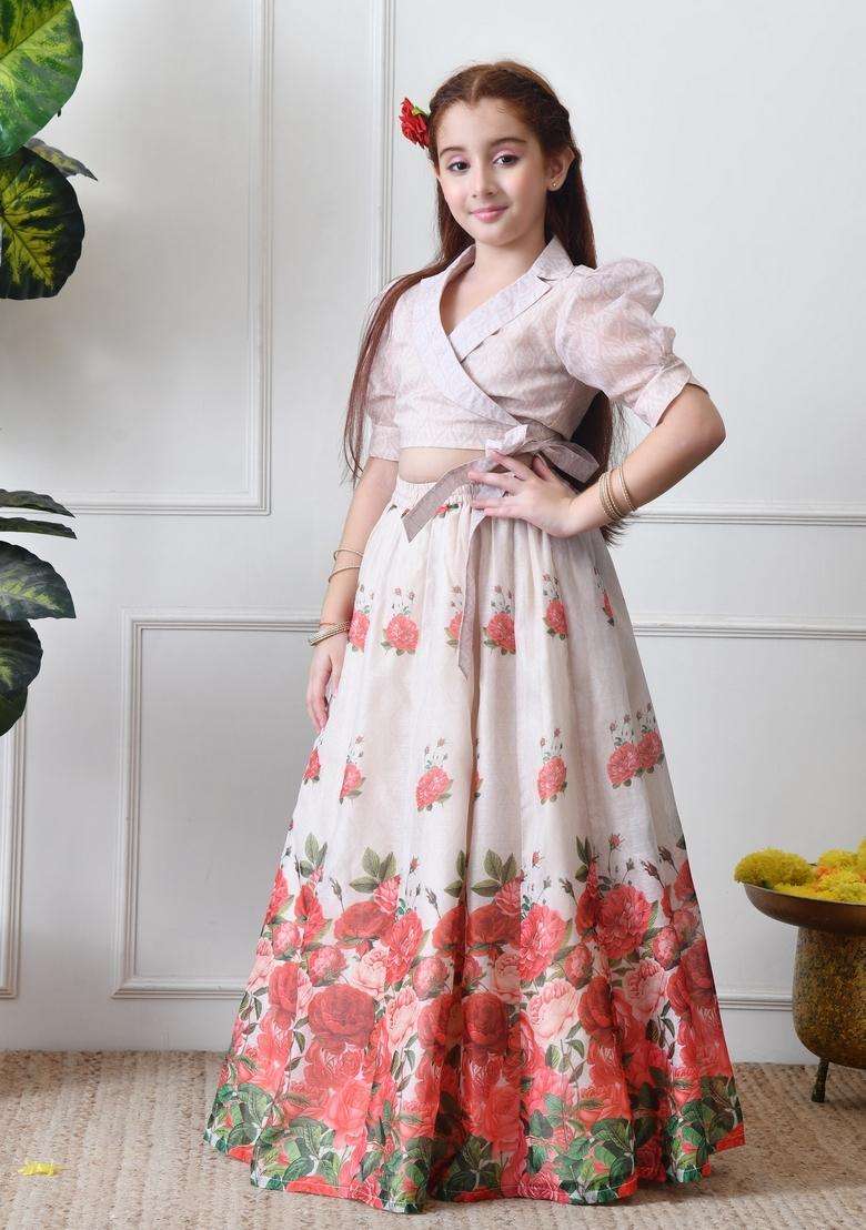 Cream Printed Silk Lehenga Choli For Girl - Indya