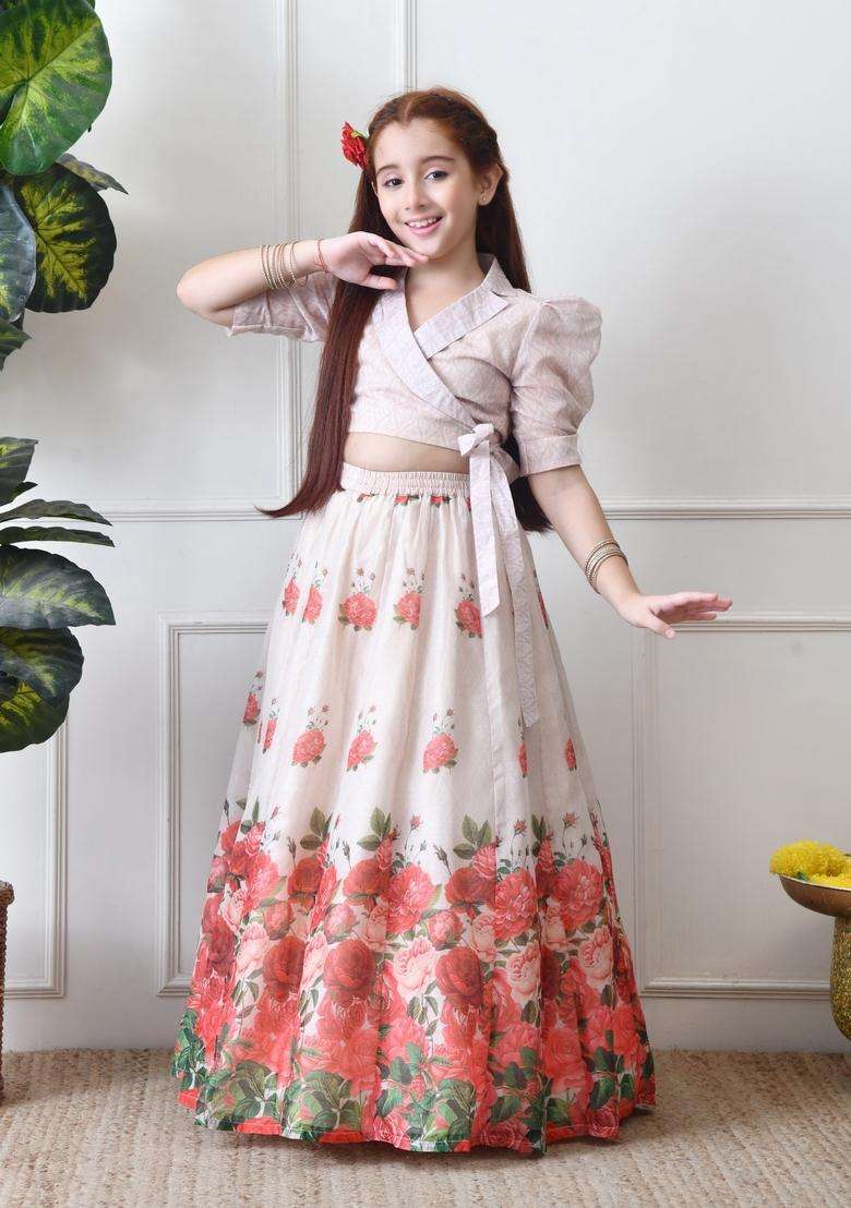Cream Printed Silk Lehenga Choli For Girl - Indya