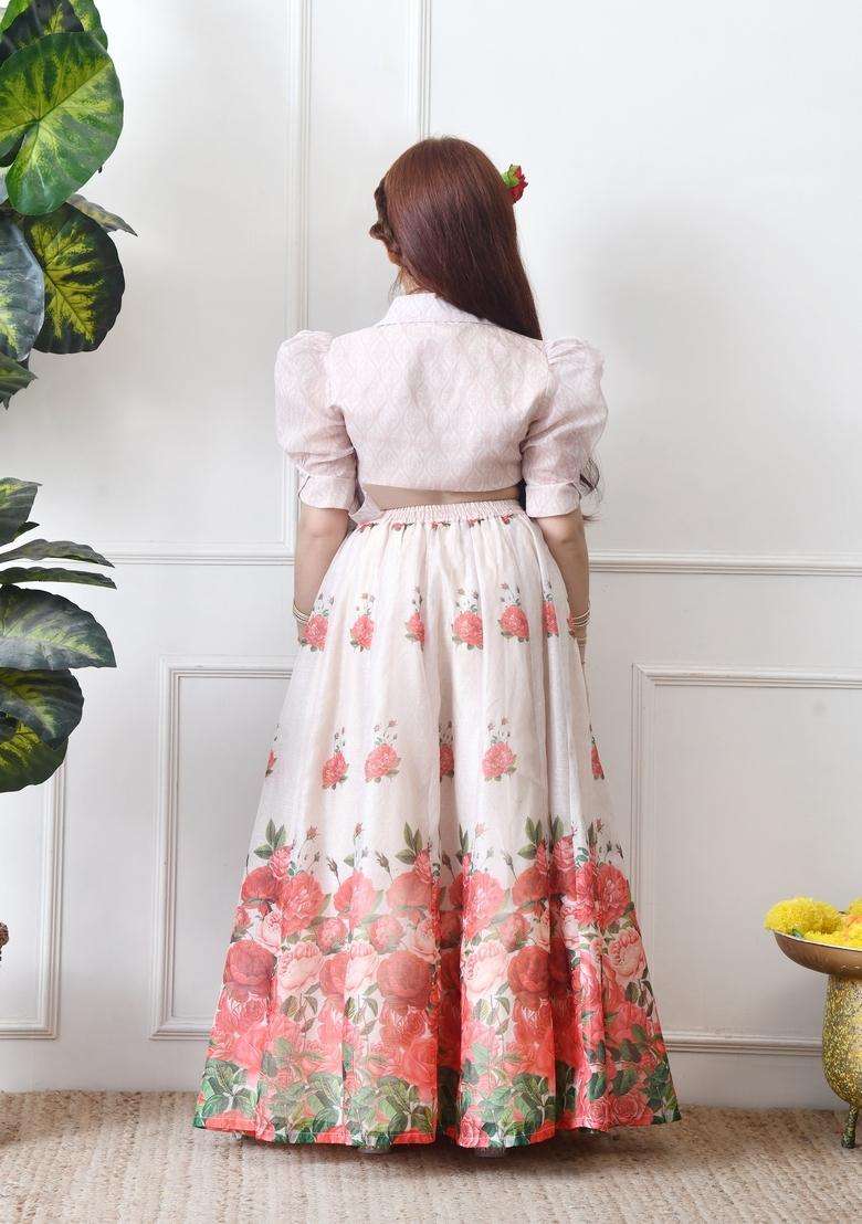 Cream Printed Silk Lehenga Choli For Girl - Indya