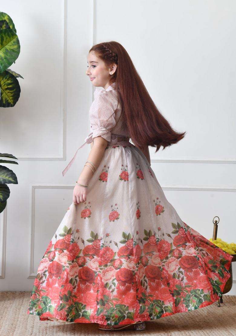 Cream Printed Silk Lehenga Choli For Girl - Indya