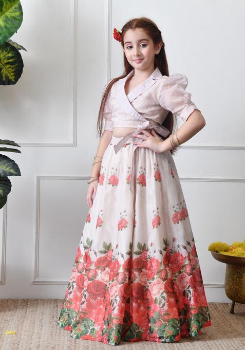 Cream Printed Silk Lehenga Choli For Girl