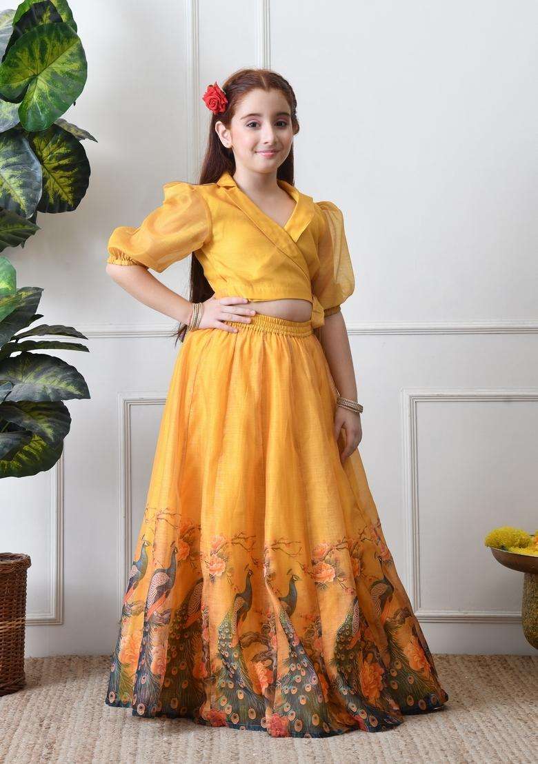 Yellow Printed Silk Lehenga Choli For Girl - Indya