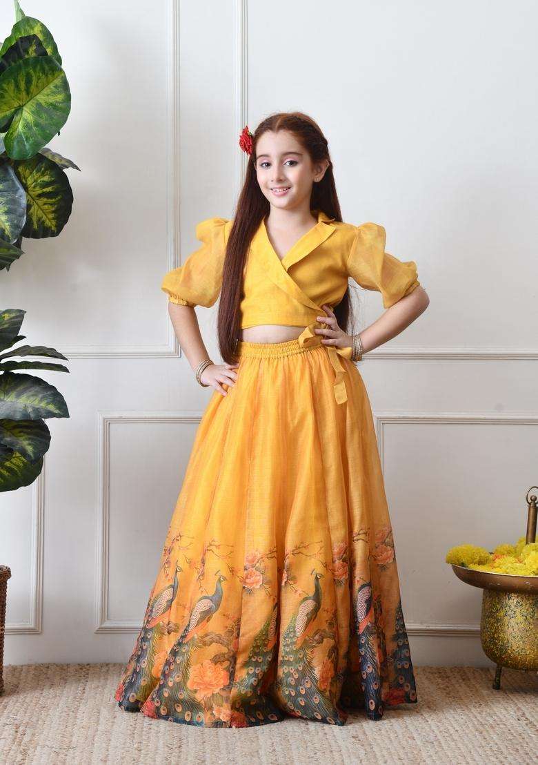 Yellow Printed Silk Lehenga Choli For Girl - Indya