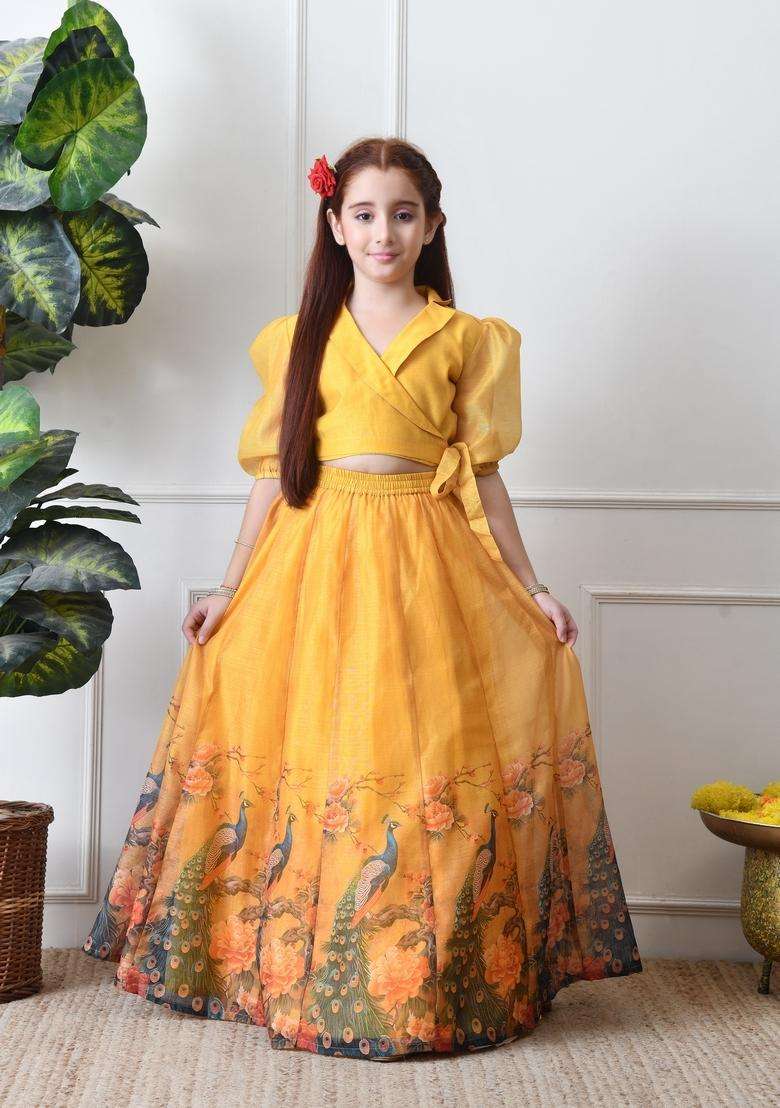 Yellow Printed Silk Lehenga Choli For Girl - Indya