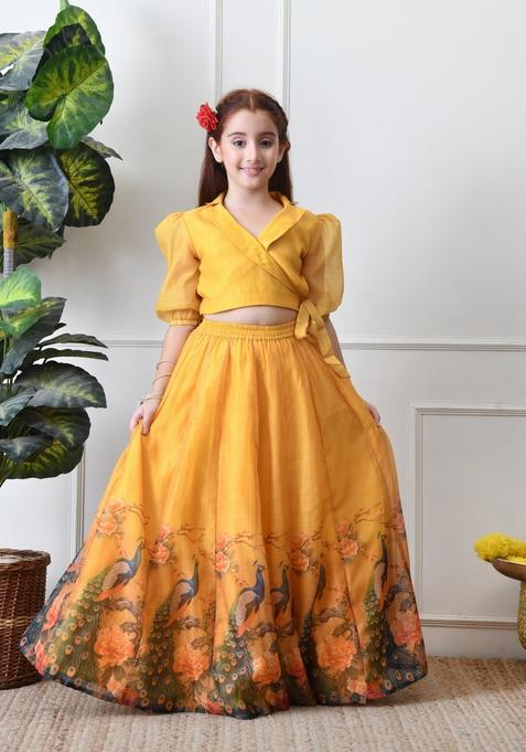 Yellow Printed Silk Lehenga Choli For Girl
