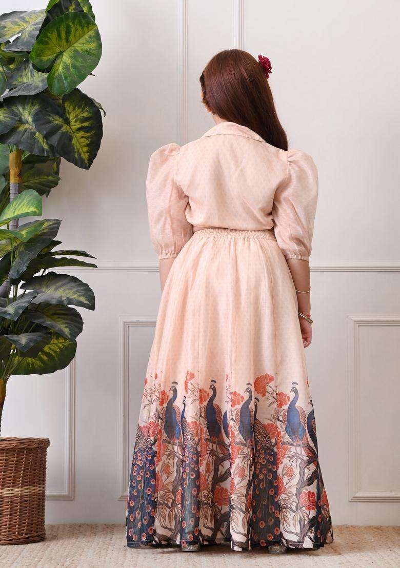 Peach Printed Silk Lehenga Choli For Girl - Indya