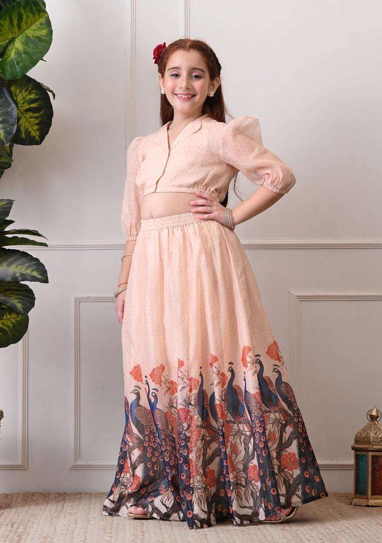 Peach Printed Silk Lehenga Choli For Girl - Indya