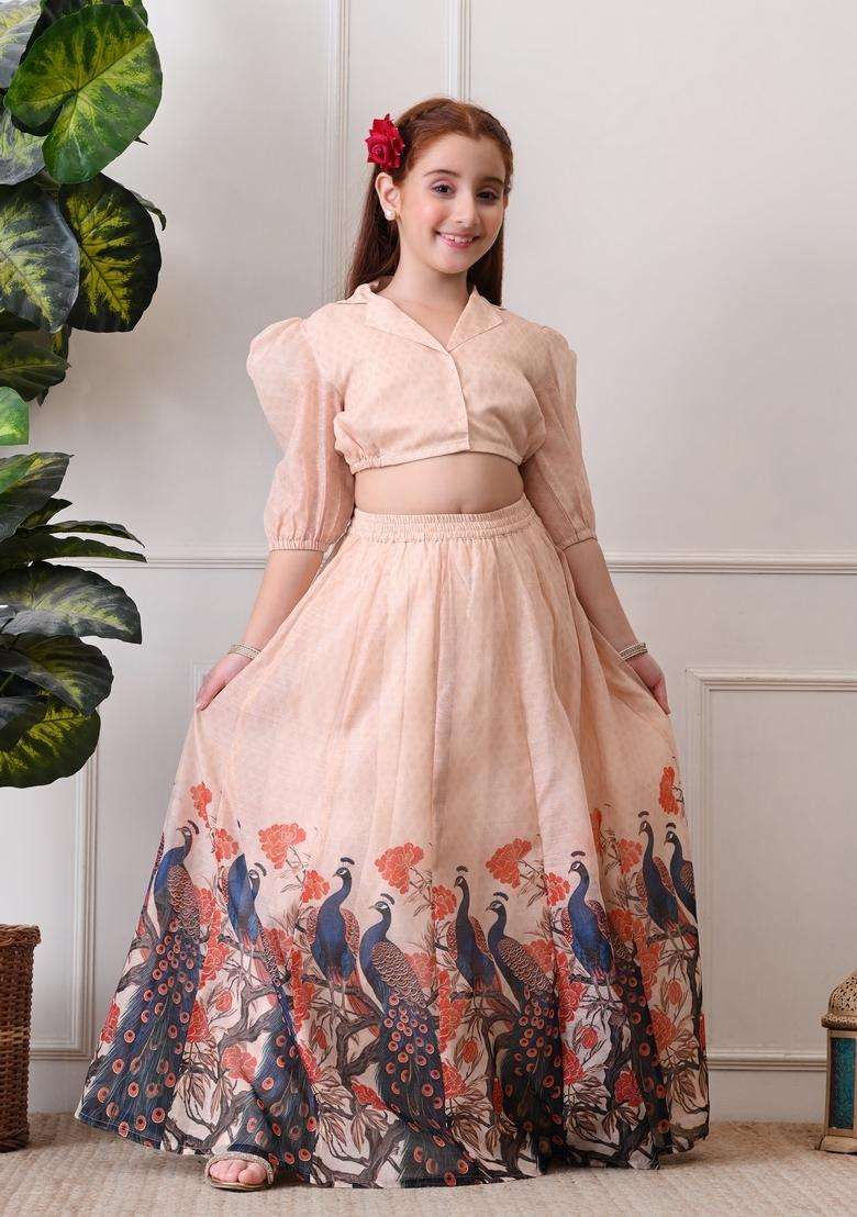 Peach Printed Silk Lehenga Choli For Girl - Indya