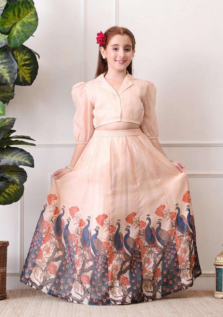 Peach Printed Silk Lehenga Choli For Girl - Indya