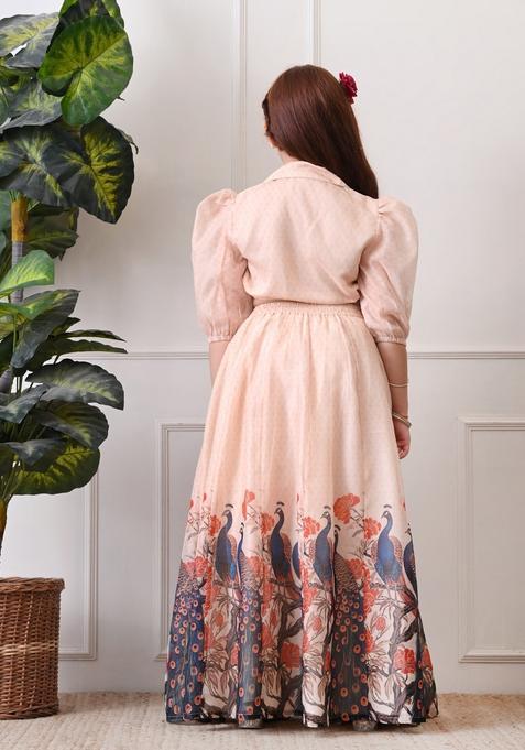 Peach Printed Silk Lehenga Choli For Girl