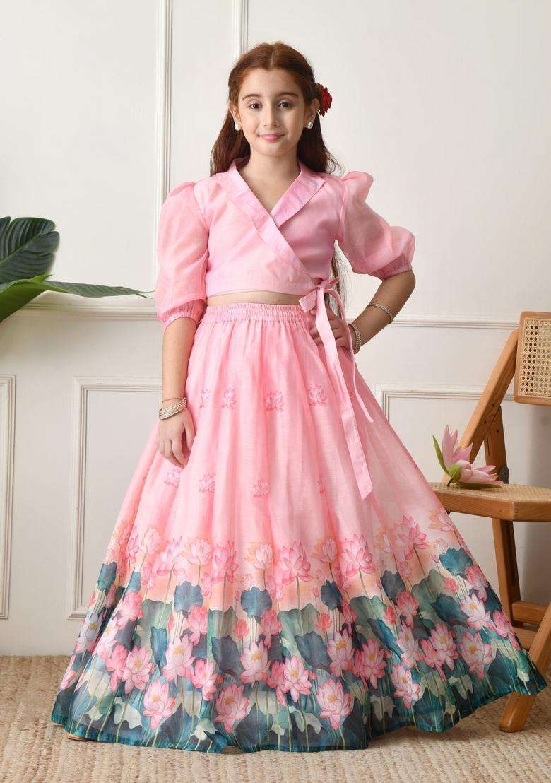 Pink Printed Silk Lehenga Choli For Girl - Indya