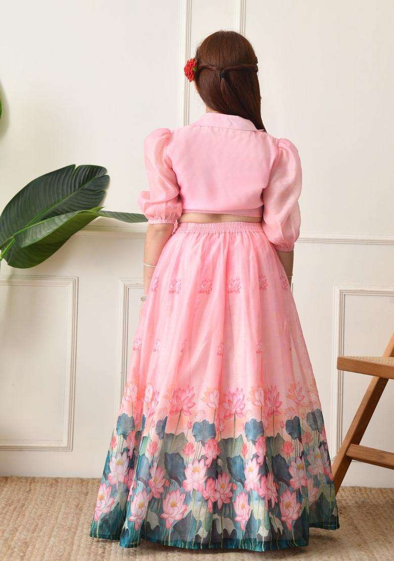 Pink Printed Silk Lehenga Choli For Girl - Indya