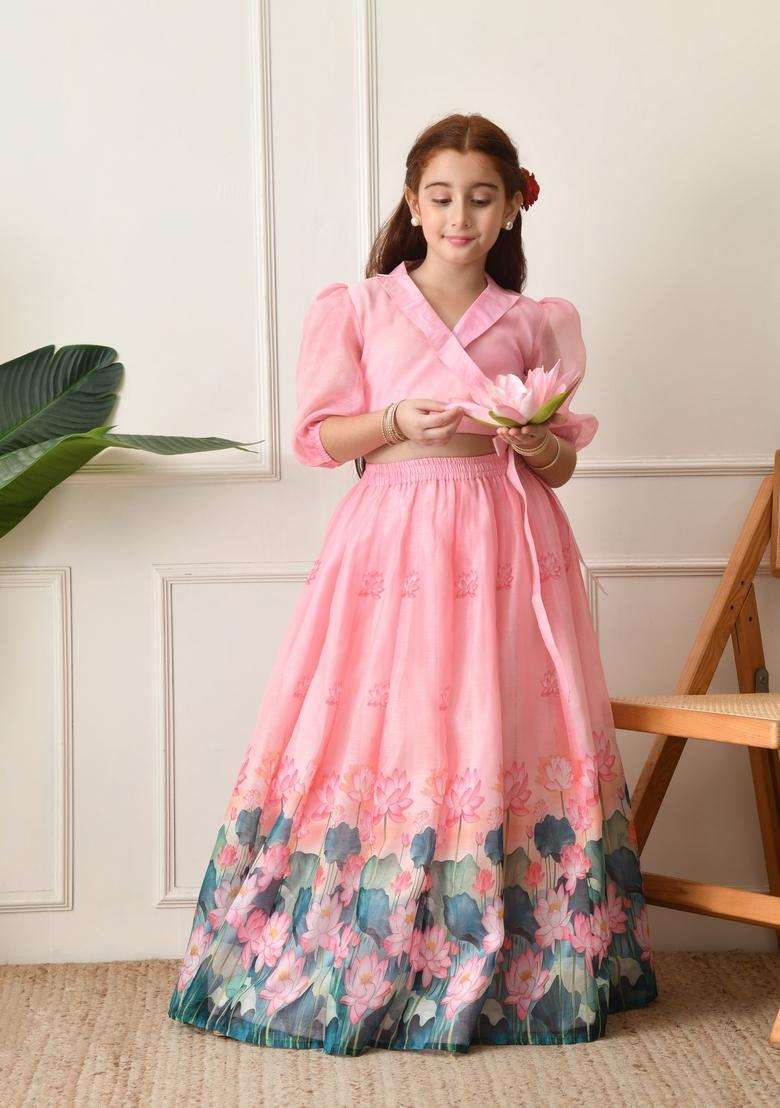 Pink Printed Silk Lehenga Choli For Girl - Indya