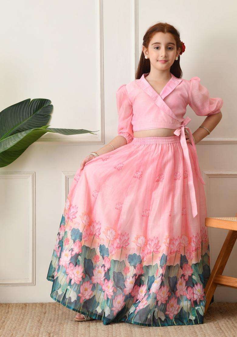 Pink Printed Silk Lehenga Choli For Girl - Indya