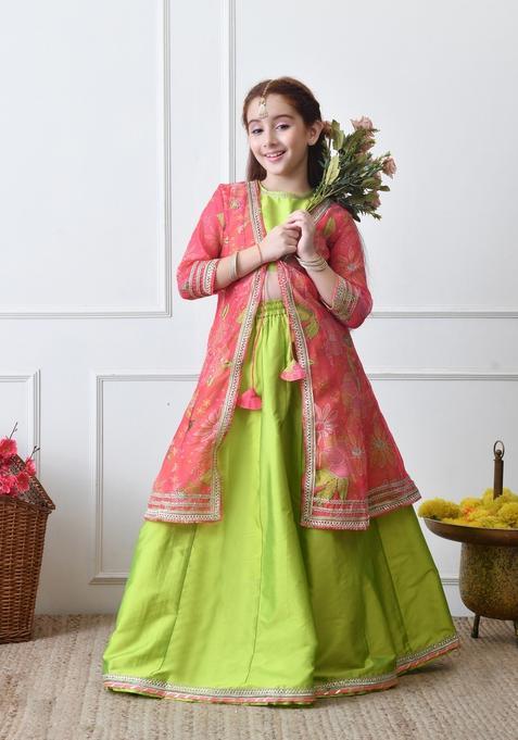 Pink Printed Silk Lehenga Choli For Girl