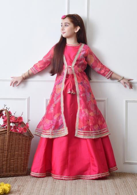 Pink Printed Silk Lehenga Choli For Girl