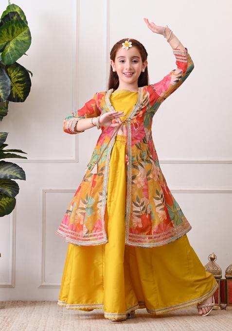 Yellow Printed Silk Lehenga Choli For Girl