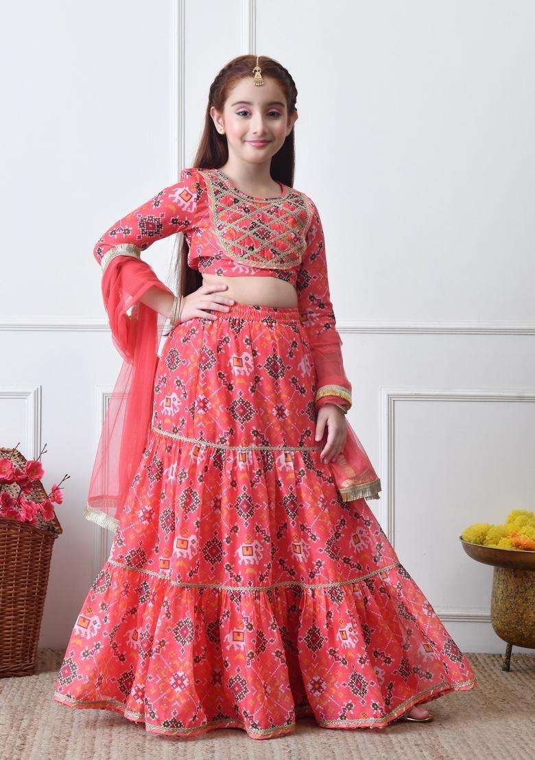 Peach Printed Silk Lehenga Choli For Girl - Indya