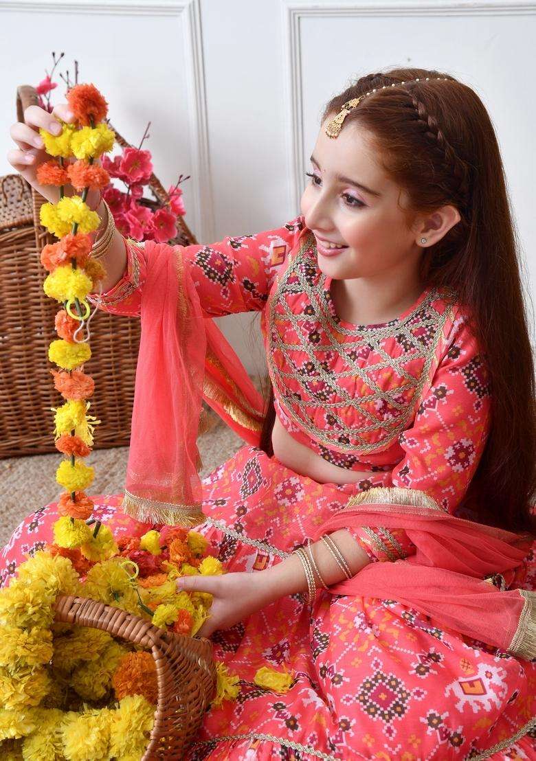 Peach Printed Silk Lehenga Choli For Girl - Indya