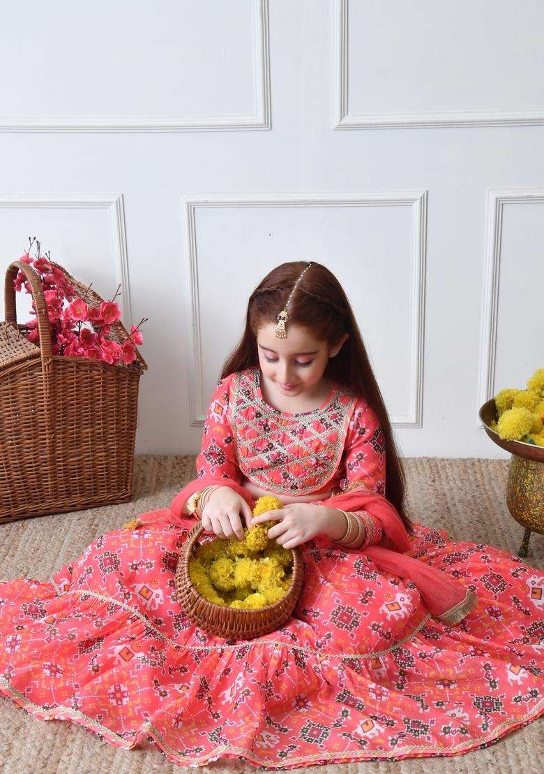 Peach Printed Silk Lehenga Choli For Girl - Indya