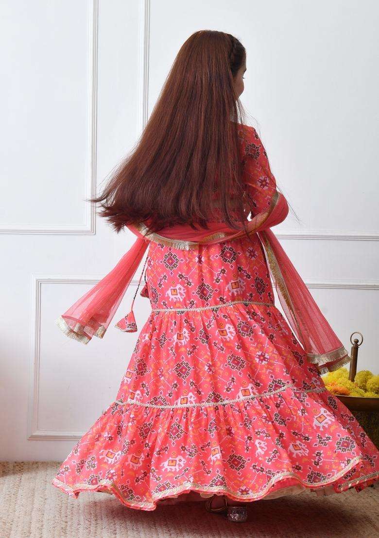 Peach Printed Silk Lehenga Choli For Girl - Indya